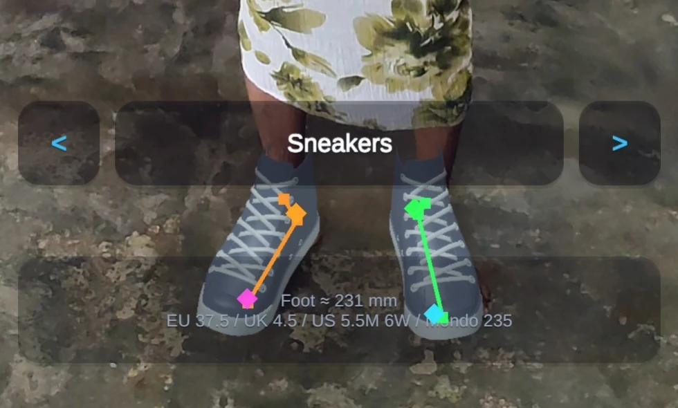Second research test showing virtual shoes aligned with a participant's feet