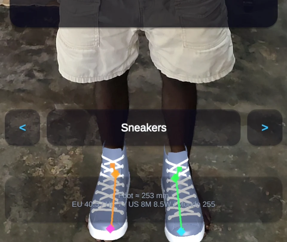 Markerless AR footwear try-on showing tracked virtual sneakers on the user's feet